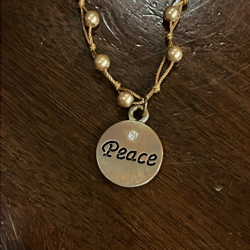 PEACE Necklace beaded and disc chain pendant 16” + 2” adjustable chain